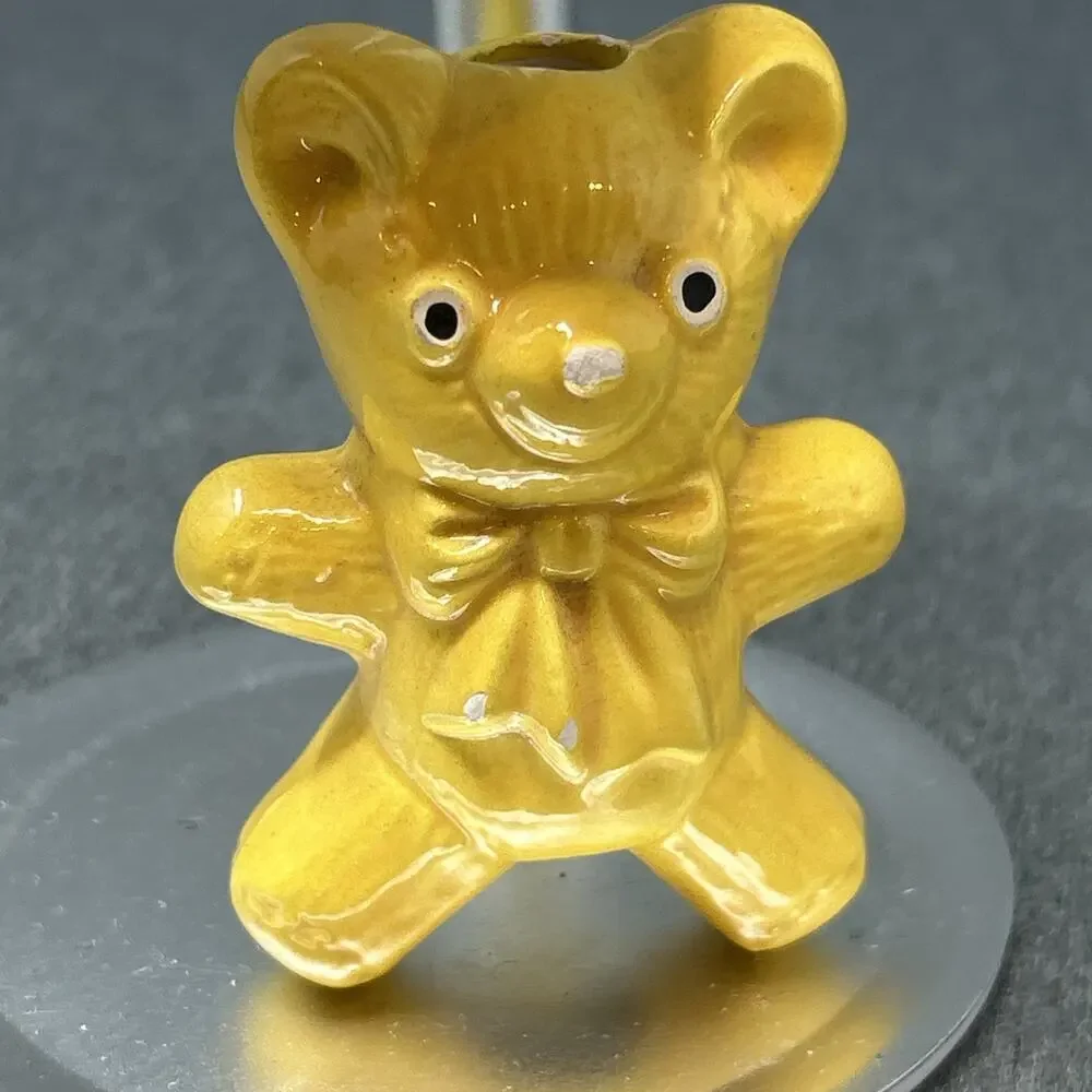 Vintage 2pc Yellow Ceramic Teddy Bear Macrame Beads 2 3/4in Crafting Supplies
